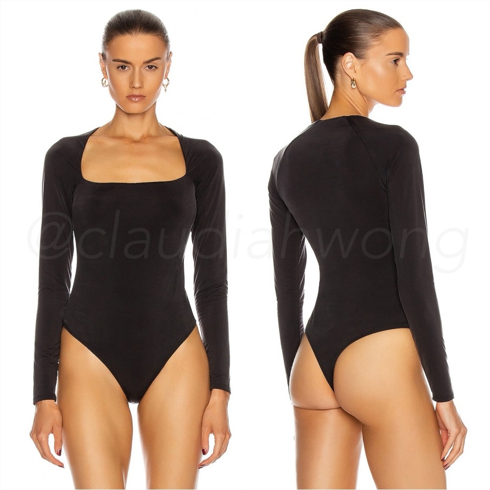 JONATHAN SIMKHAI Square Neck Long Sleeve Bodysuit in Black